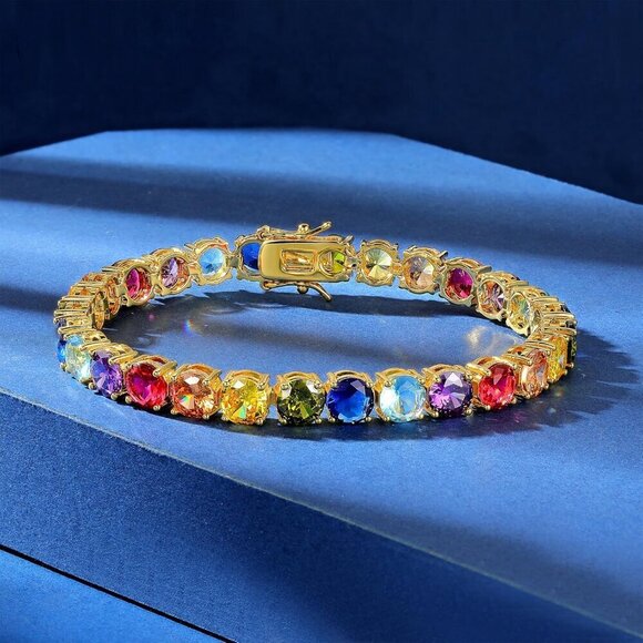 Colored Cubic Zirconia Tennis Bracelet Women 6MM Gold Plated Elegant Jewelry - Picture 5 of 5